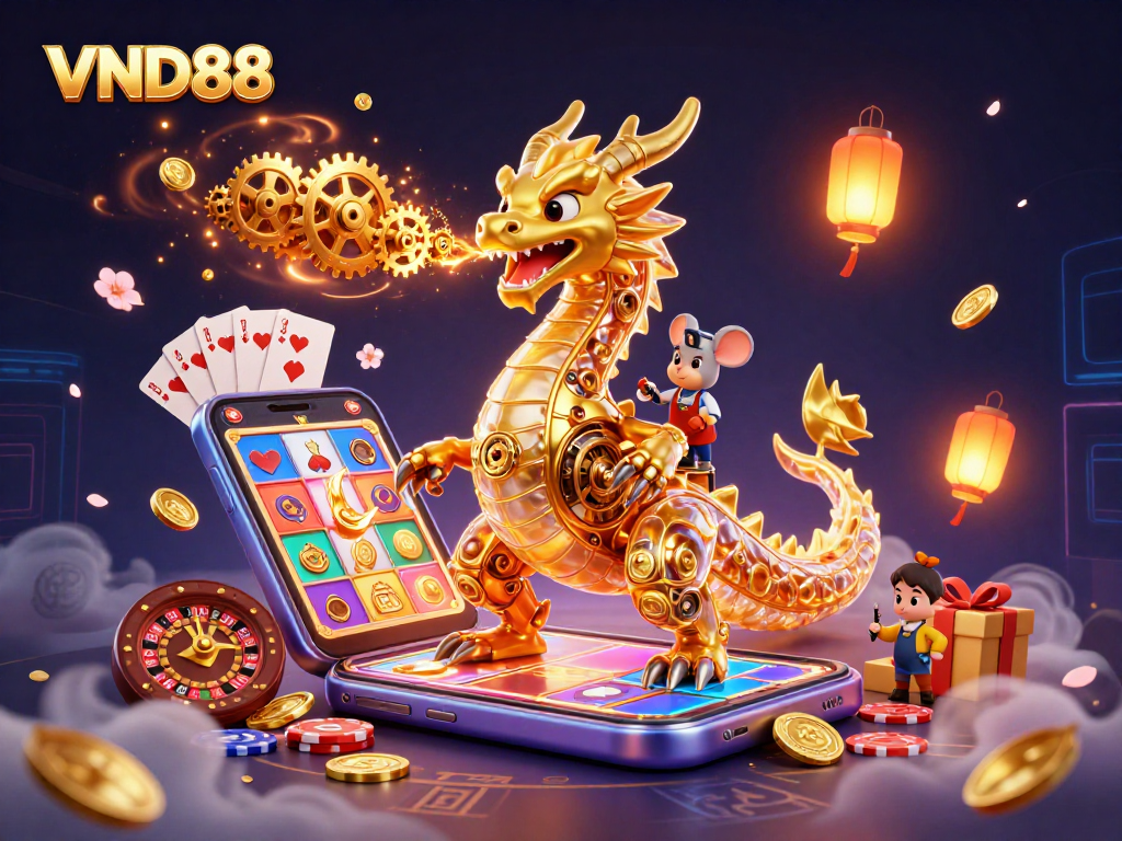 Experience thrilling gaming action with VND88 as a golden dragon breathes gears amidst casino gaming elements.