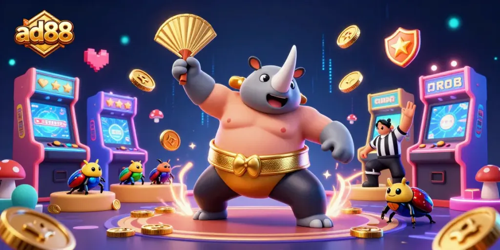 Join the excitement at ad88, witnessing a beetle sumo champion celebrating wins amidst flying coins!