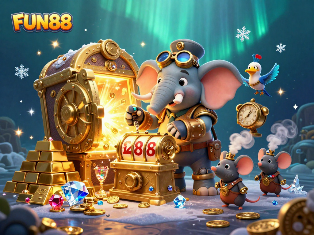 Experience the excitement at FUN88 as a steampunk elephant spins the golden slots amidst jewels and treasures.