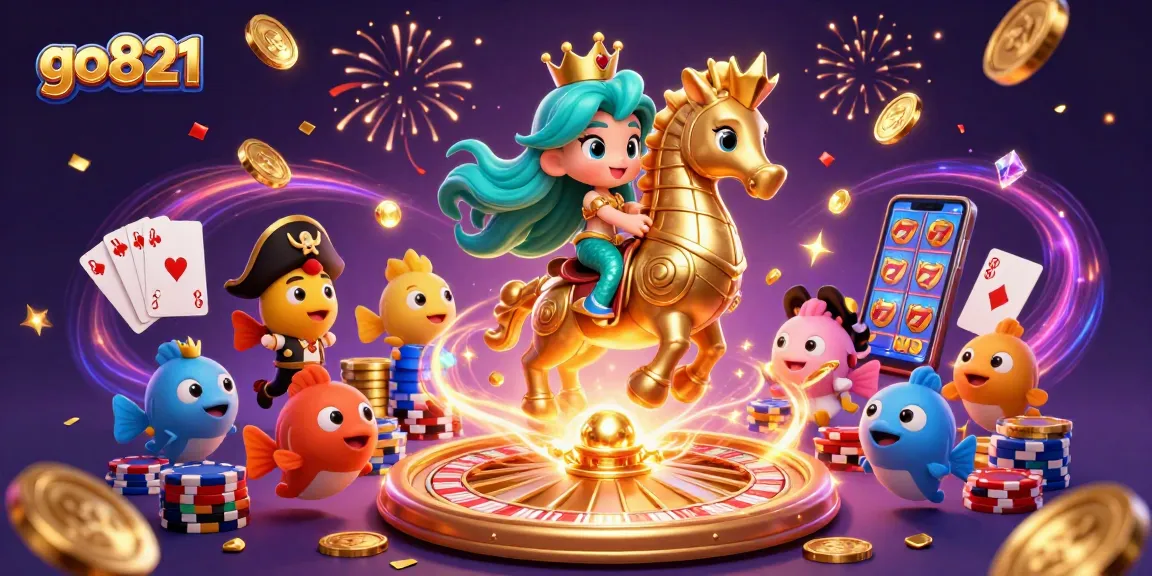 Experience excitement at go821 with a vibrant scene of a mermaid, seahorse, and dazzling casino elements.