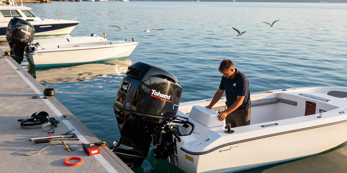 Tohatsu outboard for sale showcased in a coastal marina with a technician performing maintenance.