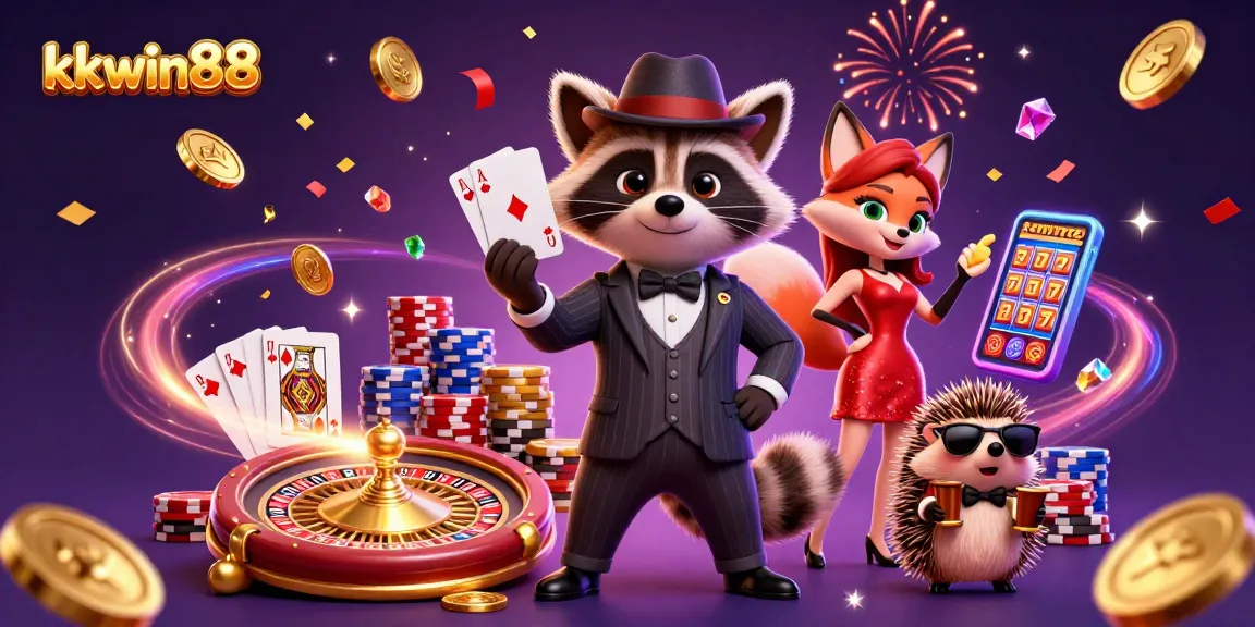 Engage in thrilling gaming at kkwin88, with raccoon, fox, and hedgehog characters at a vibrant casino scene.