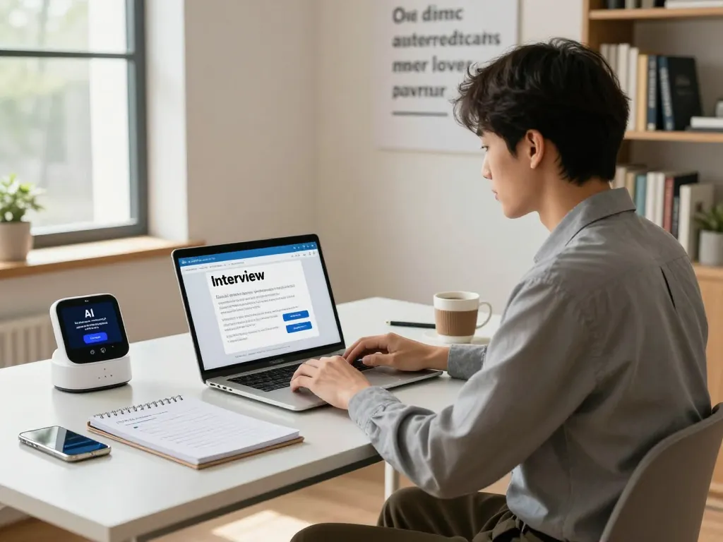 Job seeker using Offer Bull AI interview assistant in a modern workspace.