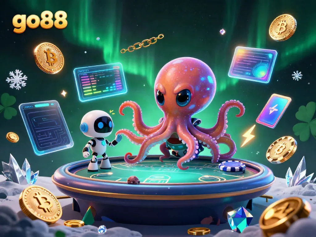 Join go88's online casino adventure with a vibrant scene featuring a cartoon alien octopus and cosmic poker elements.