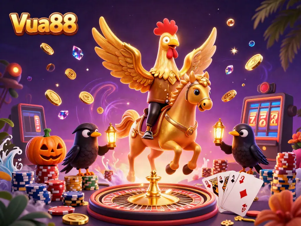 Experience thrilling wins at Vua88 as a golden rooster navigates a lively casino filled with treasures.