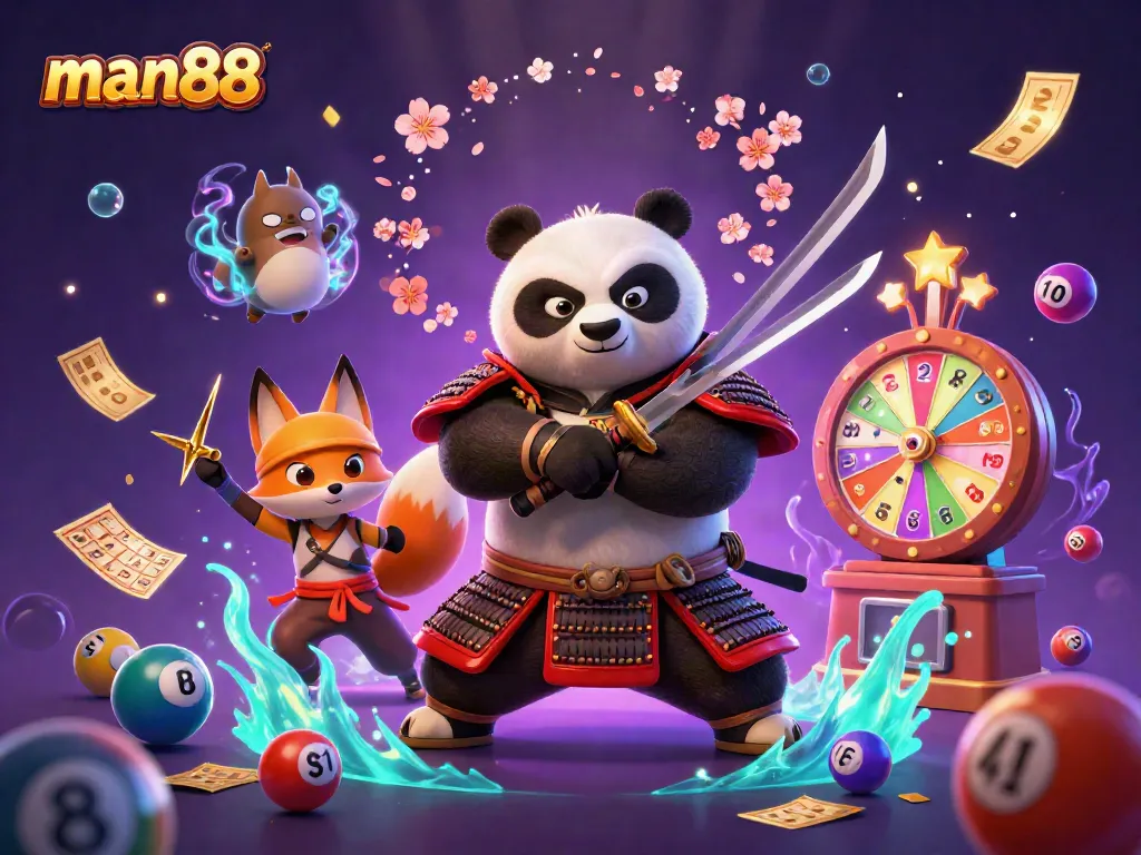 Win big with man88 in this vibrant 3D casino scene featuring playful characters and colorful game elements.