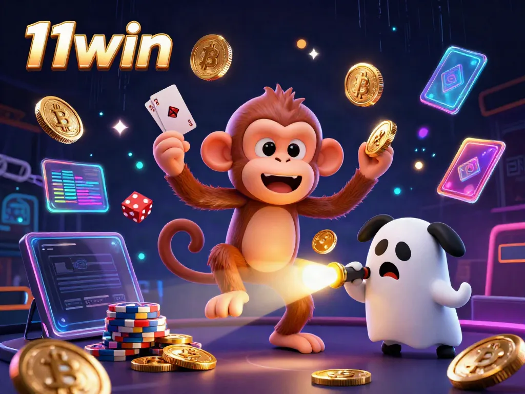 Experience the thrilling atmosphere of 11win with a playful monkey and a ghost-hunter puppy in a dazzling casino.