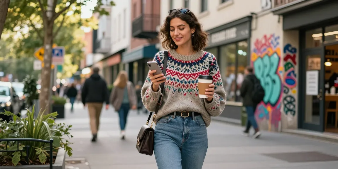 Stylish woman on urban street, embodying trends showcased on wissenmagazine.de, with vibrant graffiti background and coffee cup.