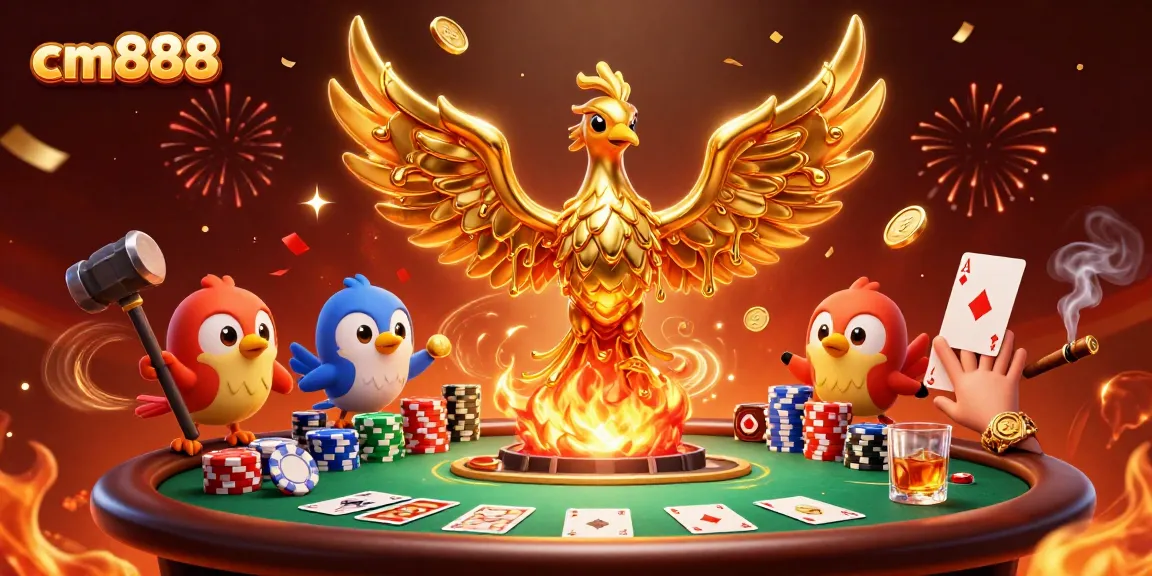 Experience thrilling gameplay at cm888 with an immersive illustration of a phoenix and poker elements.