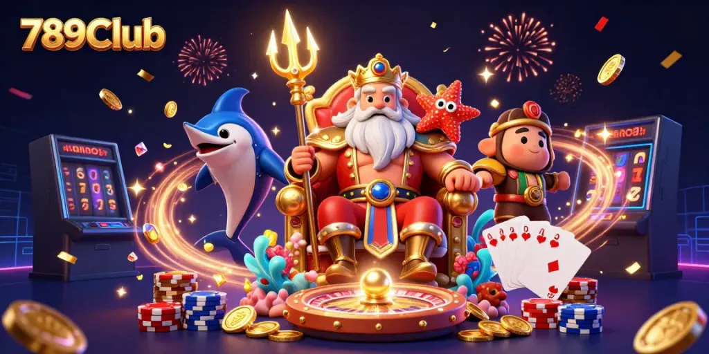 Experience thrilling gaming action with 789Club as Neptune treasures scatter and excitement soars in a vibrant casino scene.