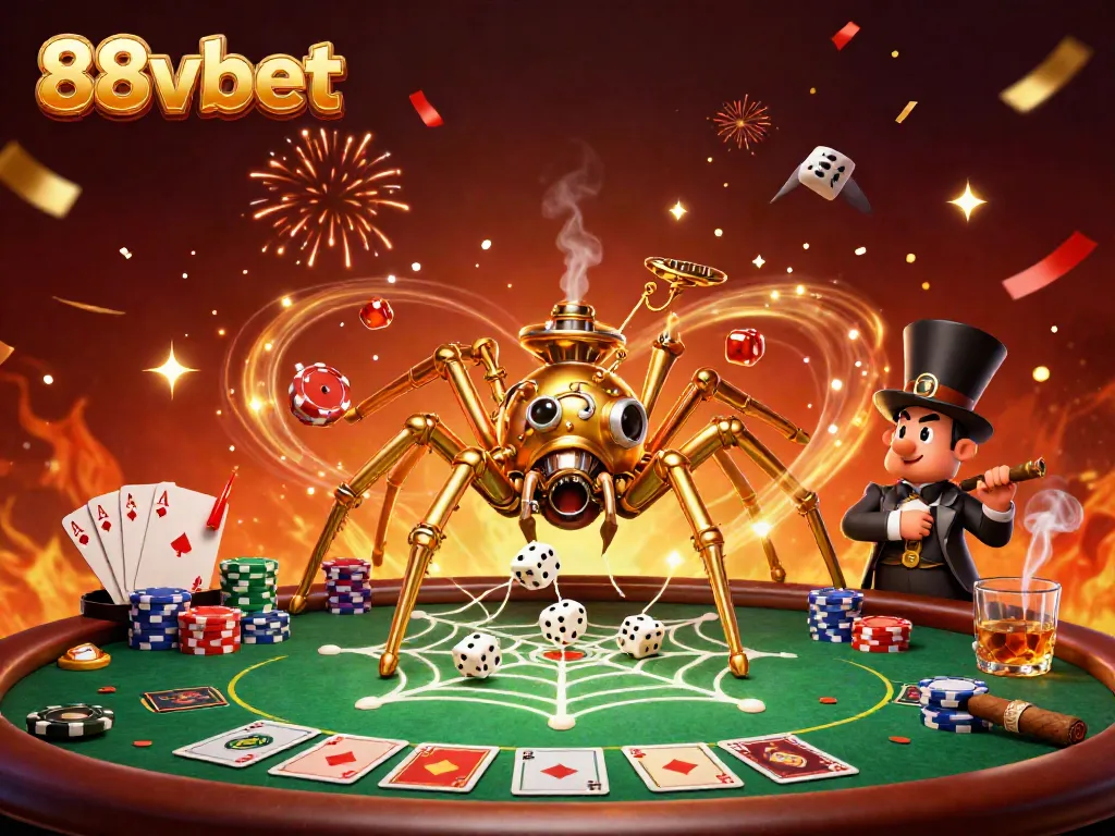 Engage with 88vbet: A dynamic 3D casino illustration showcasing poker elements and steampunk characters.
