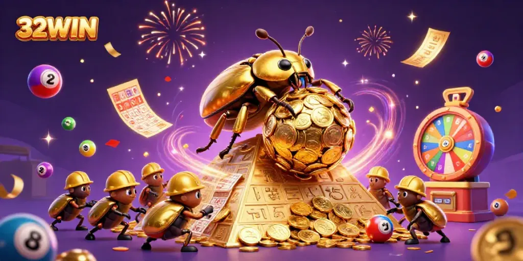 Spin the lucky prizes with 32WIN amidst vibrant lottery-themed characters and gold coins.