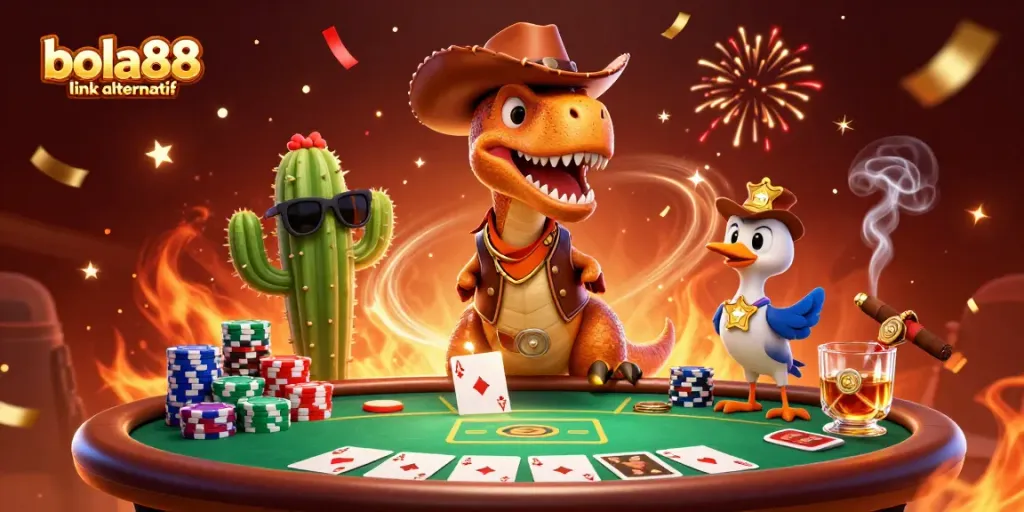 Place bets at bola88 link alternatif with a vibrant, action-packed casino scene featuring characters and poker elements.