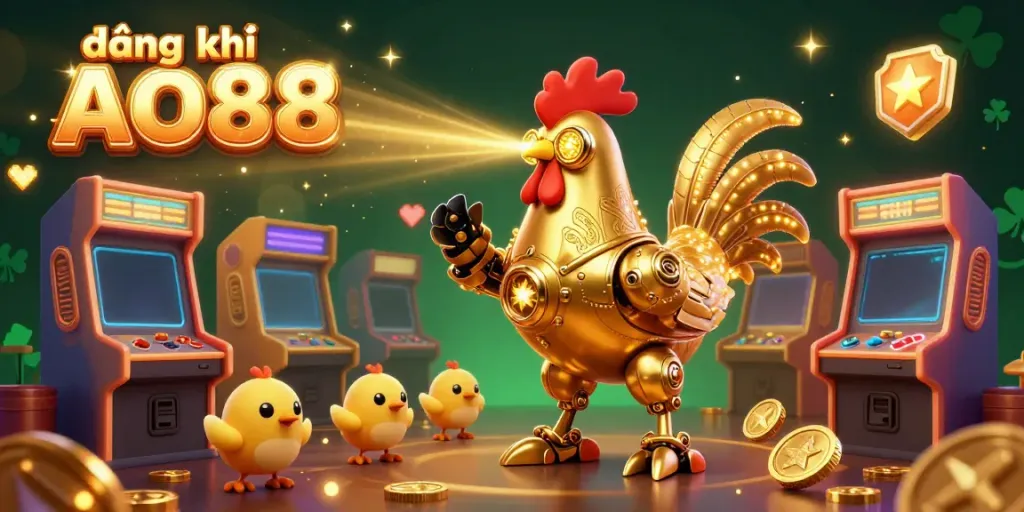 Engage in vibrant gaming action with đăng ký AO88 as a retro-futuristic golden rooster robot leads a crew of playful baby chick drones amidst glowing arcade machines and casino elements.