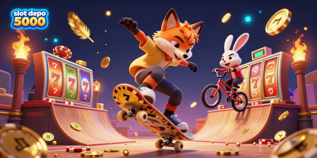 Experience thrilling action with slot depo 5000, showcasing a skateboarder fox and BMX rabbit in a casino-inspired scene.