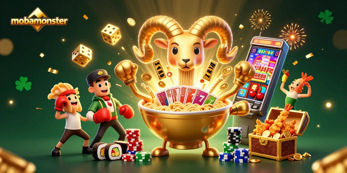 Witness the thrilling action in a vibrant mobamonster casino illustration depicting golden ramen bowl characters and a dynamic jackpot explosion.