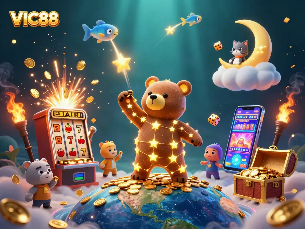 Experience the excitement of VIC88 with a grand jackpot and vibrant games surrounding celestial characters.