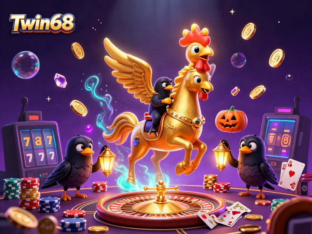 Experience the excitement of Twin68 with a golden rooster and magical casino elements.