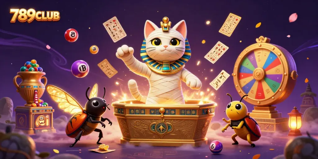 Experience the excitement of 789CLUB, featuring a pyramid casino scene with a mummy cat and dynamic gambling elements.