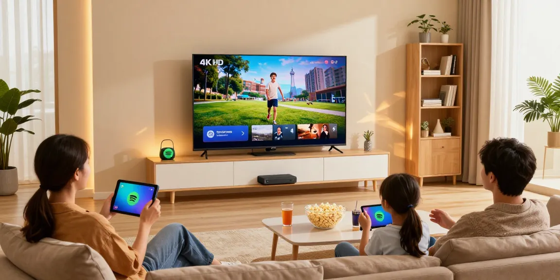 Familie genießt 4K UHD Filme mit IPTV kaufen im modernen Wohnzimmer.