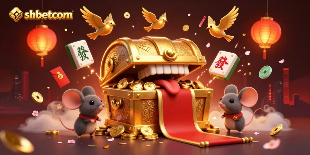 Engage with shbetcom's vibrant 3D casino experience featuring a treasure chest and festive elements.