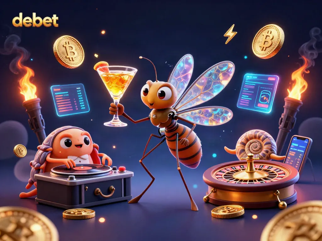 Bet big with debet as a lively casino mascot holds a cocktail next to an engaging DJ.