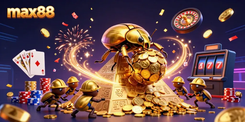 Experience max88's excitement with a golden dung beetle rolling coins and casino symbols in action.