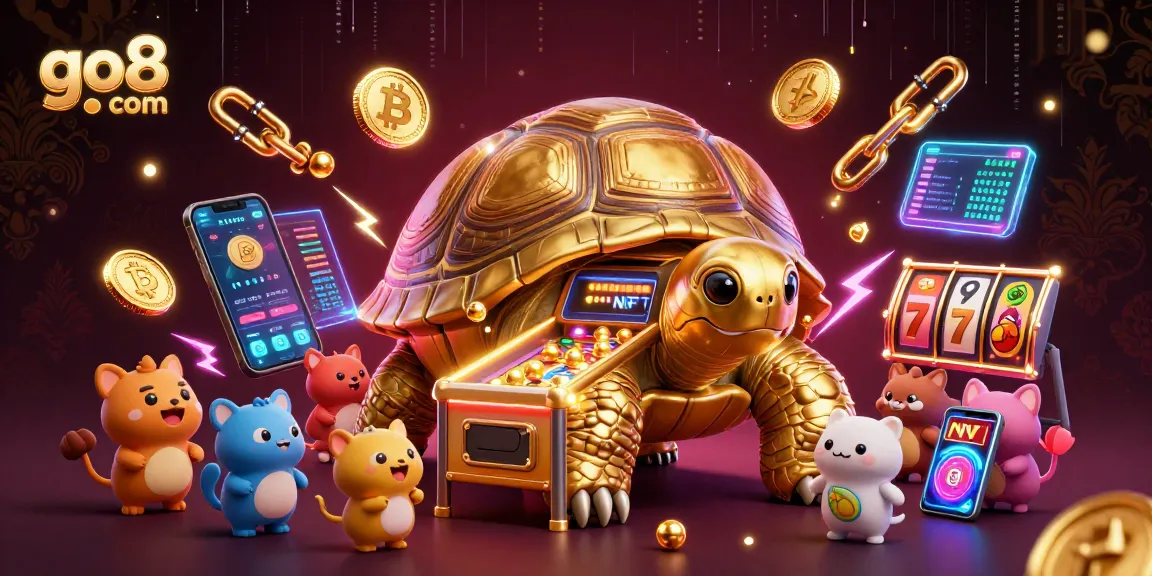 Engage with go8 com's exciting gaming world featuring vibrant golden tortoise pinball and crypto elements.