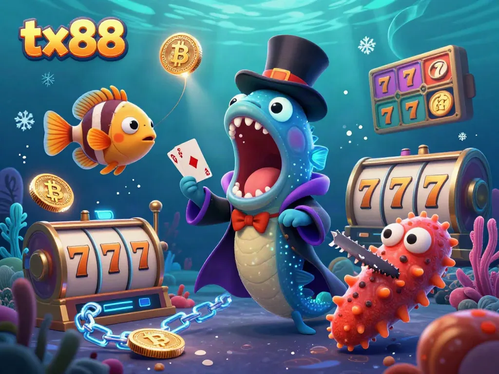 Experience thrilling magic tricks with tx88's unique underwater casino characters in a vibrant scene.