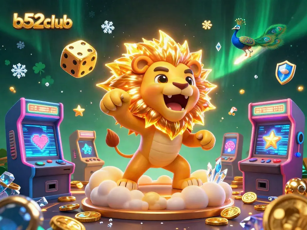 B52club players enjoy thrilling gameplay with a roaring sun lion and vibrant gaming elements in a stunning casino scene.