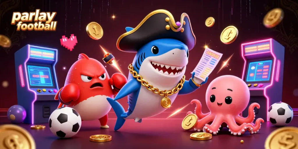 Place a winning parlay football bet in a vibrant casino scene filled with colorful characters and gaming elements.