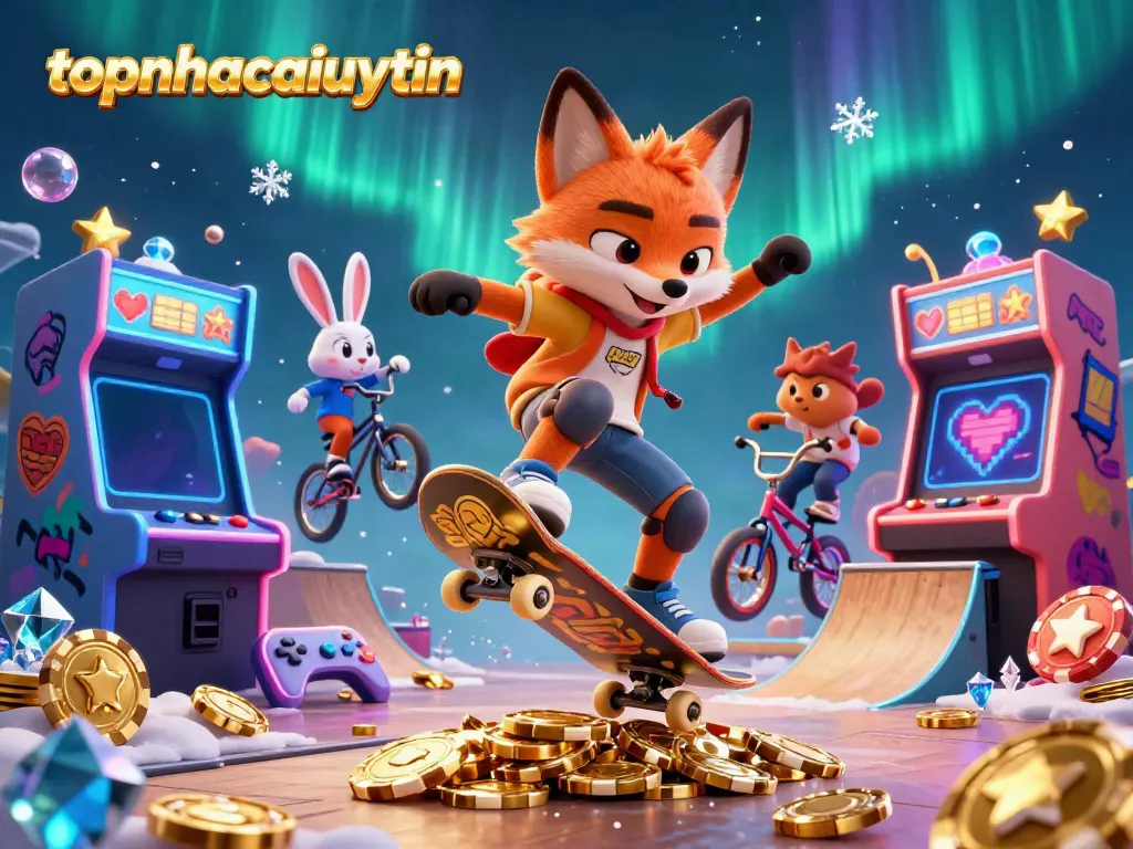 Engage in the thrilling world of online betting with topnhacaiuytin featuring a skateboarder fox and BMX rabbit.