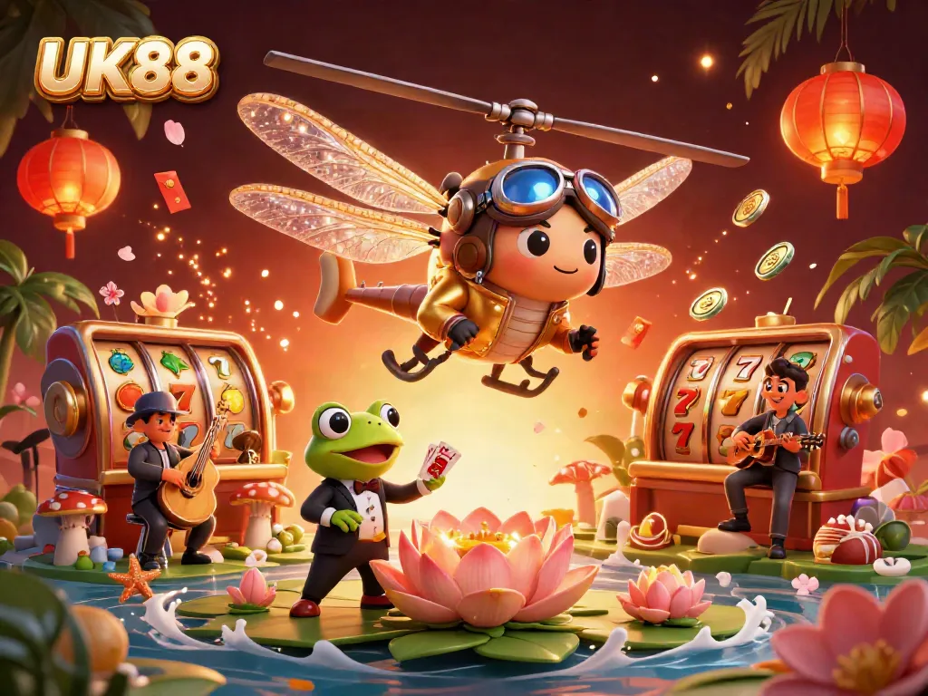 Experience thrilling gameplay at UK88 with a dragonfly pilot and frog croupier, reflecting an exciting casino atmosphere.