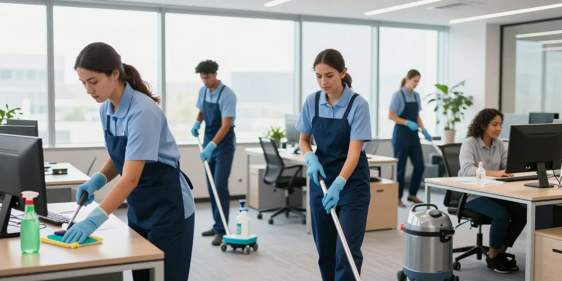 Professionelle Gebäudereinigung Düsseldorf mit einem Reinigungsteam, das Büros sauber hält und umweltfreundliche Reinigungsmittel verwendet.
