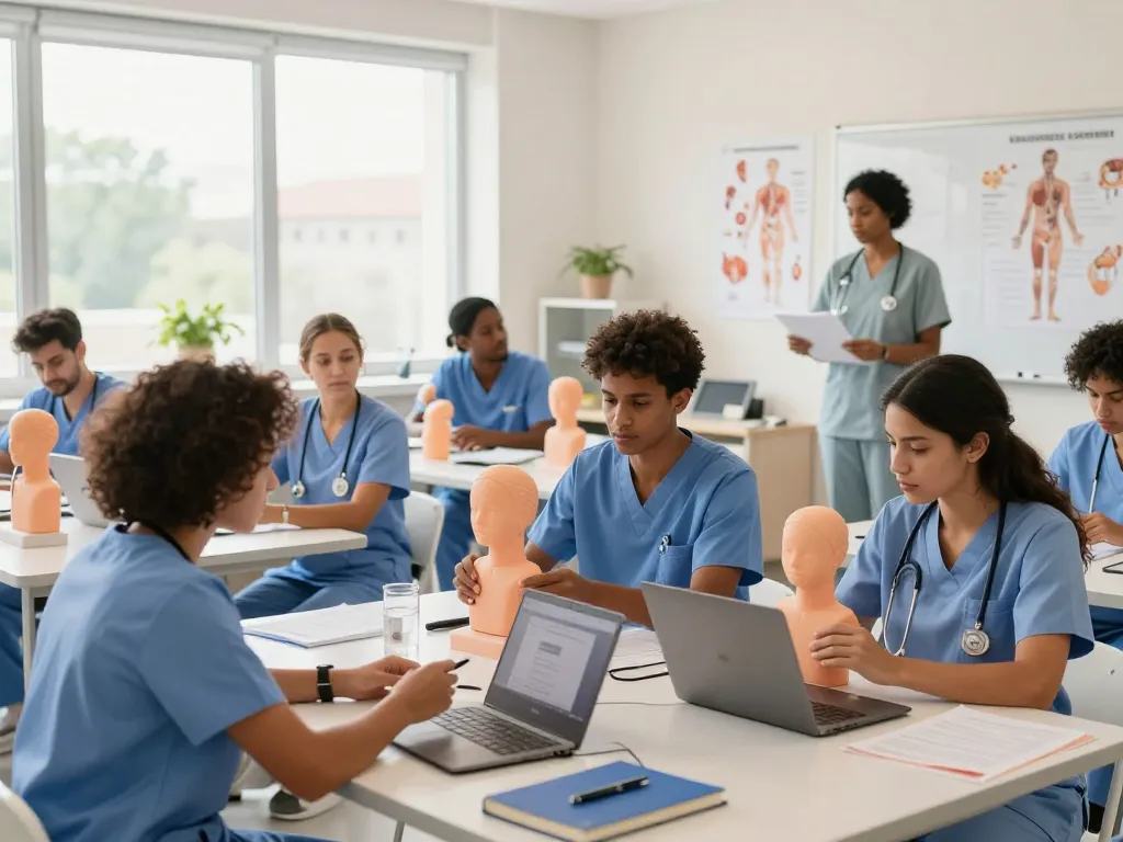 Students engaging in hands-on nursing practice in a modern classroom setting, showcasing pnas2 education.