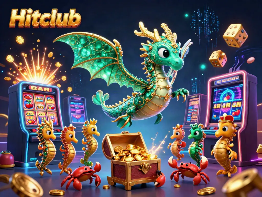 Hitclub features a vibrant 3D sea dragon and royal seahorse with a jackpot explosion surrounding them.