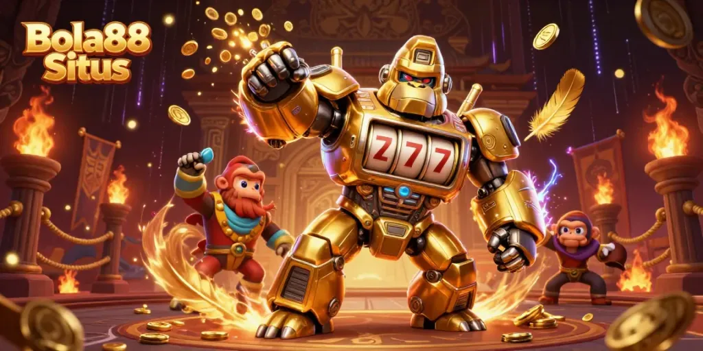 Bola88 Situs features a dynamic 3D gorilla mech surrounded by colorful casino elements, showcasing excitement in gambling.
