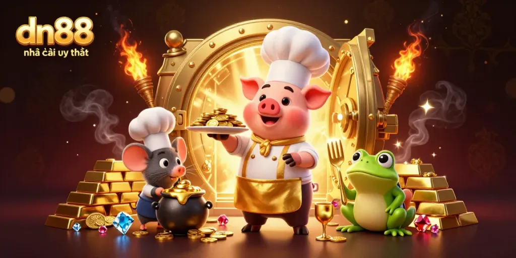 Experience the thrill of dn88 nhà cái uy tín with a whimsical 3D casino scene featuring cartoon characters celebrating wealth and fun.