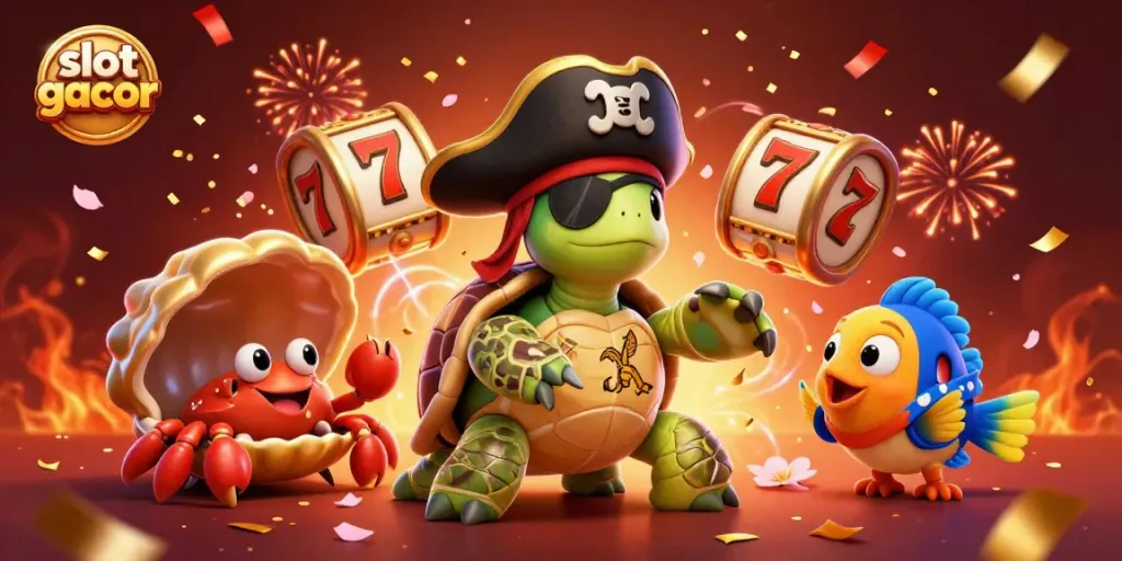 Experience the thrill of slot gacor with a pirate turtle, golden crab, and bandana fish celebrating around vibrant slot reels.