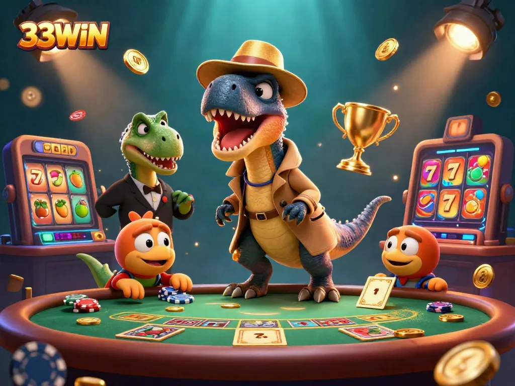 33WIN velociraptor card counter plays blackjack in a lively casino scene with jackpot elements