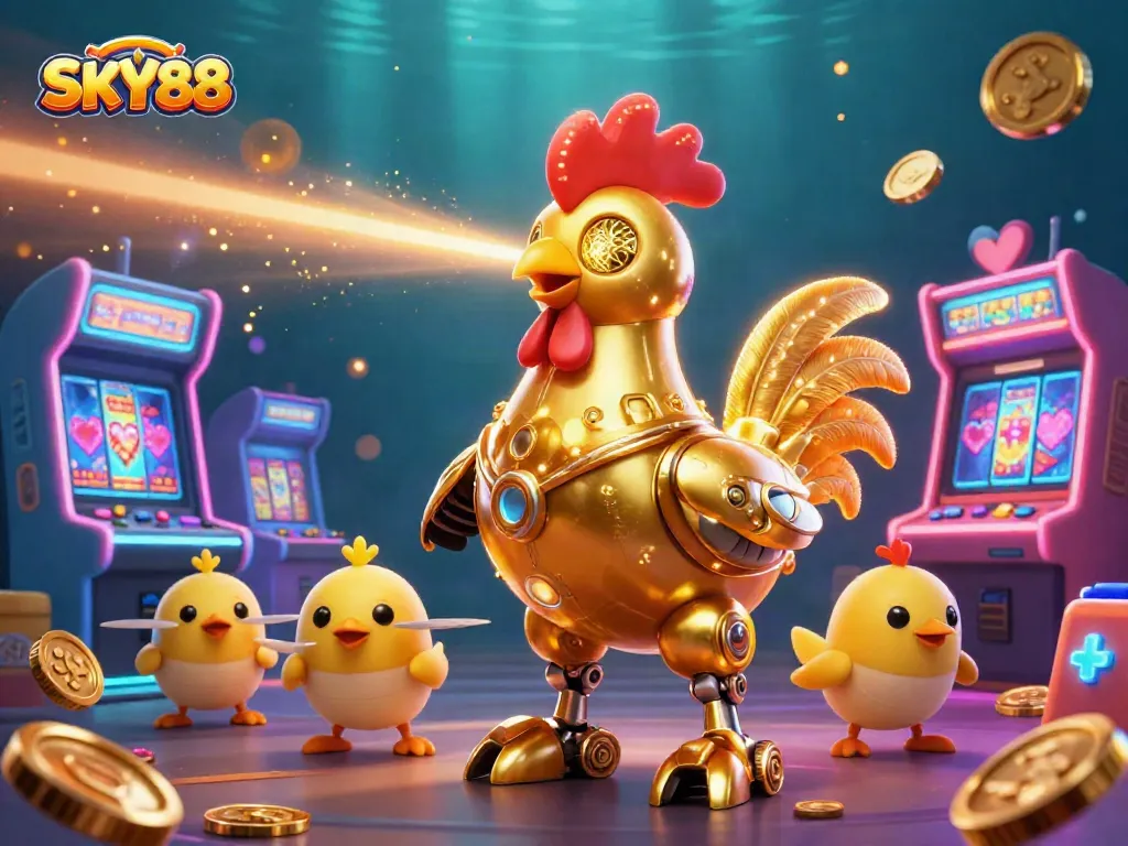 Experience exciting gameplay with SKY88's vibrant slots and futuristic characters in this rich casino-themed scene.