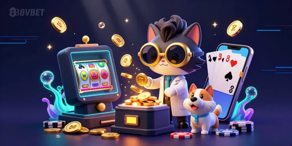 Experience thrilling gameplay at 88VBET with the cute cartoon scientist and dog in a vibrant slot machine scene.