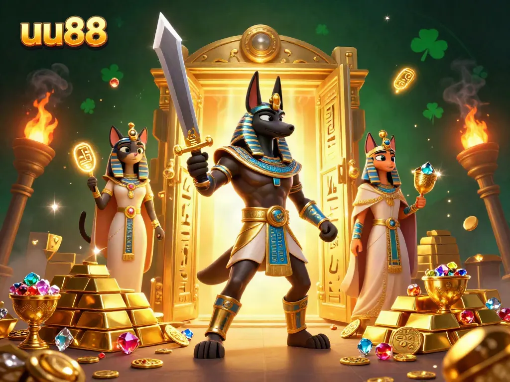 Experience top-tier gambling at uu88 with an ancient Egyptian warrior surrounded by treasure and casino elements.