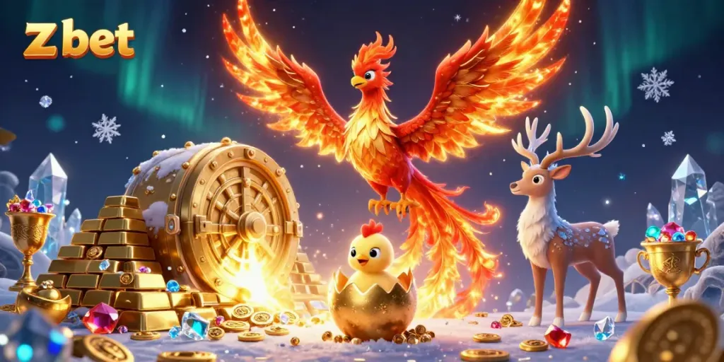 Engage with z bet in a vibrant 3D casino scene featuring a phoenix soaring, jackpot treasures abound!