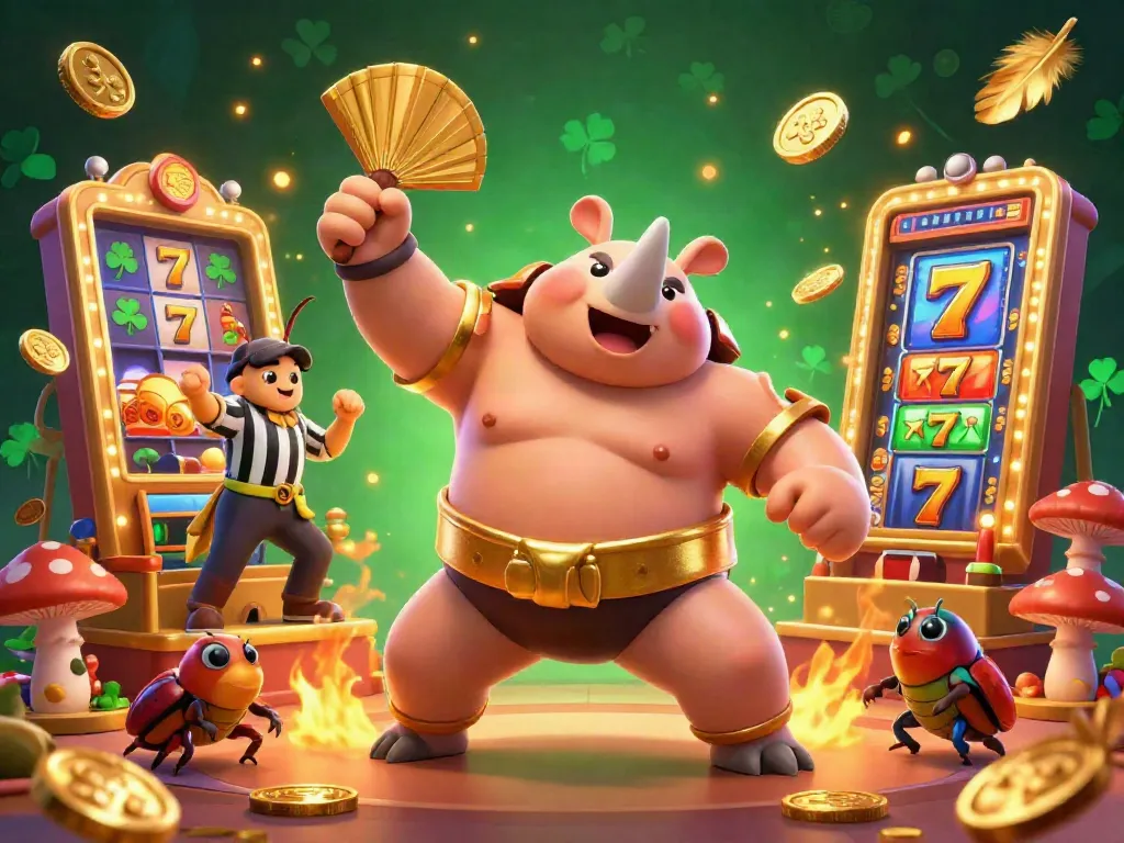 Experience the thrill of ZOWIN as the sumo beetle champion stomps, scattering golden coins in a vibrant casino.