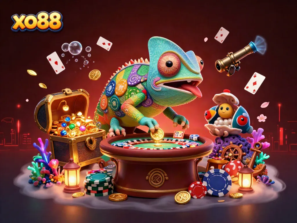 Spin to win exciting jackpots with xo88, featuring a vibrant casino scene with treasures and chameleon.