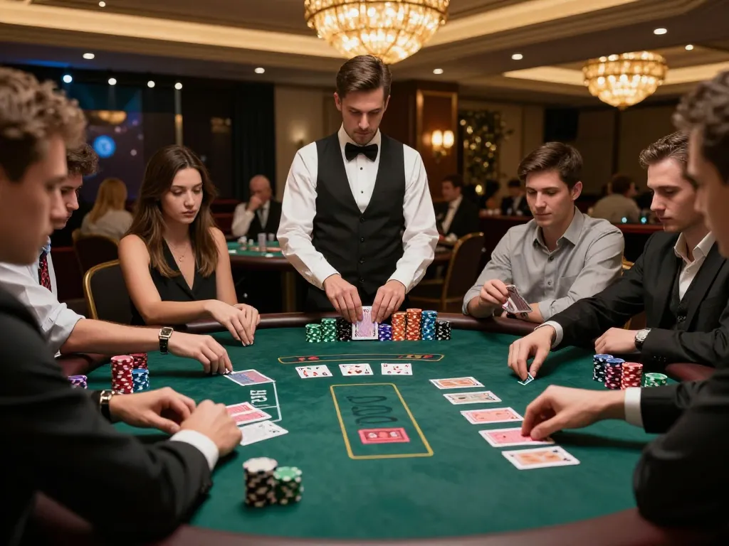 Engaging blackjack gameplay at a casino table featuring players focused on their bets and strategic decisions while enjoying a thrilling toto slot experience.