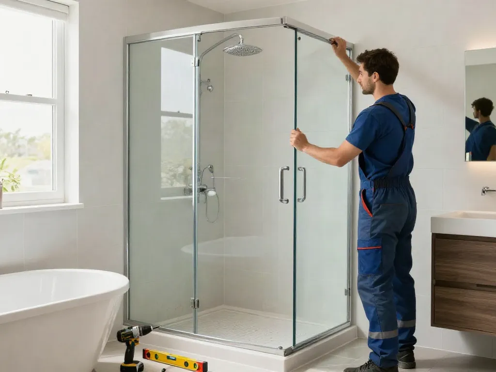 Badumbau Augsburg: Fachmann installiert moderne Dusche in renoviertem Bad.