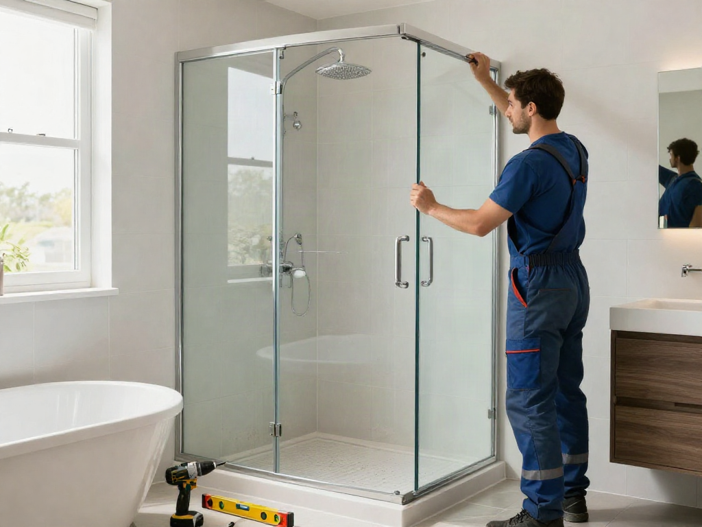 Badumbau Augsburg: Fachmann installiert moderne Dusche in renoviertem Bad.