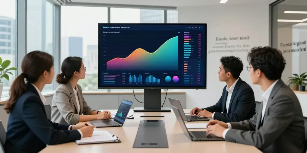 Colaboração em equipe diversificada no ambiente corporativo do bpinetempresas, com gráficos financeiros ao fundo.
